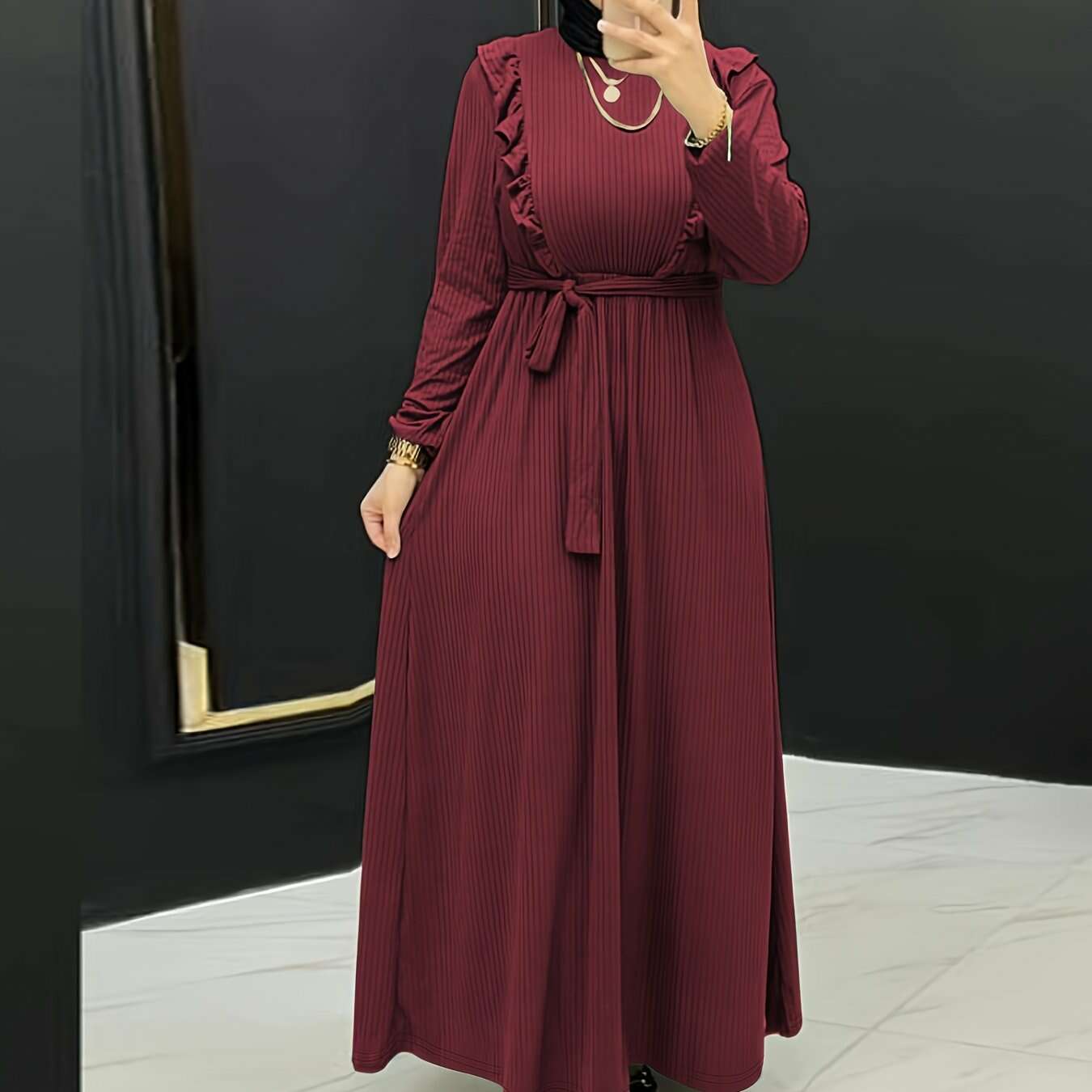 Women's Elegant Modest Maxi Dress - All-Season Traditional Islamic Attire   OAXG Peach / S