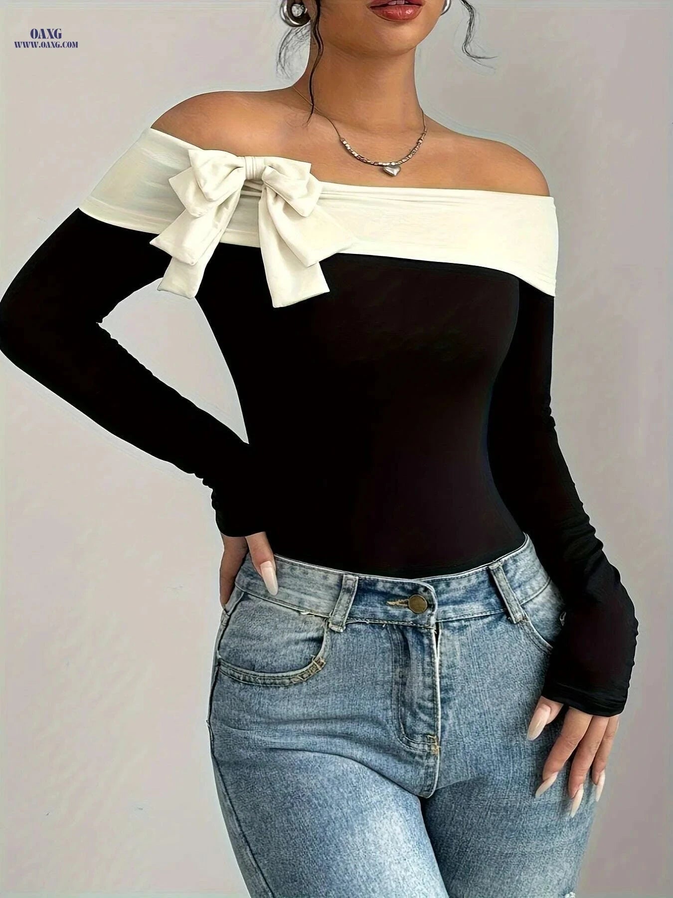 Women's Elegant Off-Shoulder Blazer Jacket - Color Block Design   OAXG Black / S