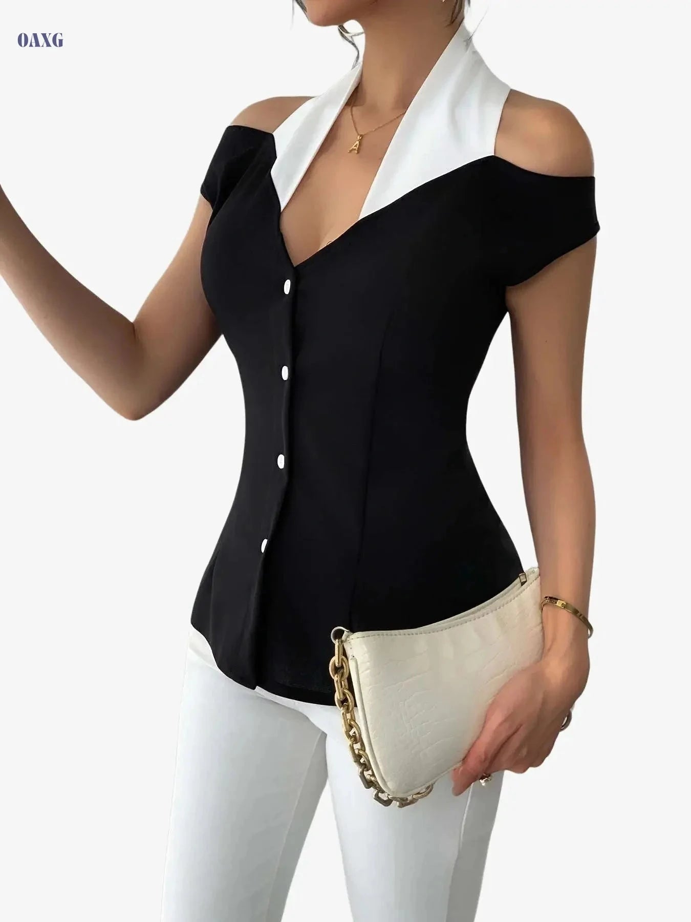Women's Elegant Off-Shoulder Blouse - Chic Black and White Top   OAXG 