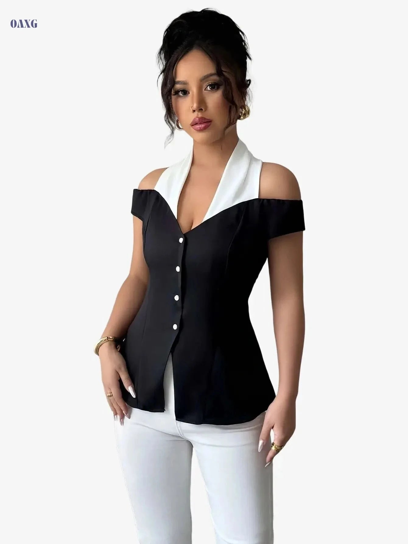 Women's Elegant Off-Shoulder Blouse - Chic Black and White Top   OAXG 