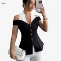 Women's Elegant Off-Shoulder Blouse - Chic Black and White Top   OAXG Black / S