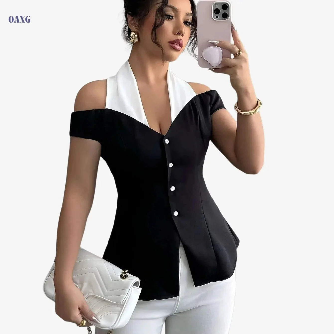 Women's Elegant Off-Shoulder Blouse - Chic Black and White Top   OAXG Black / S
