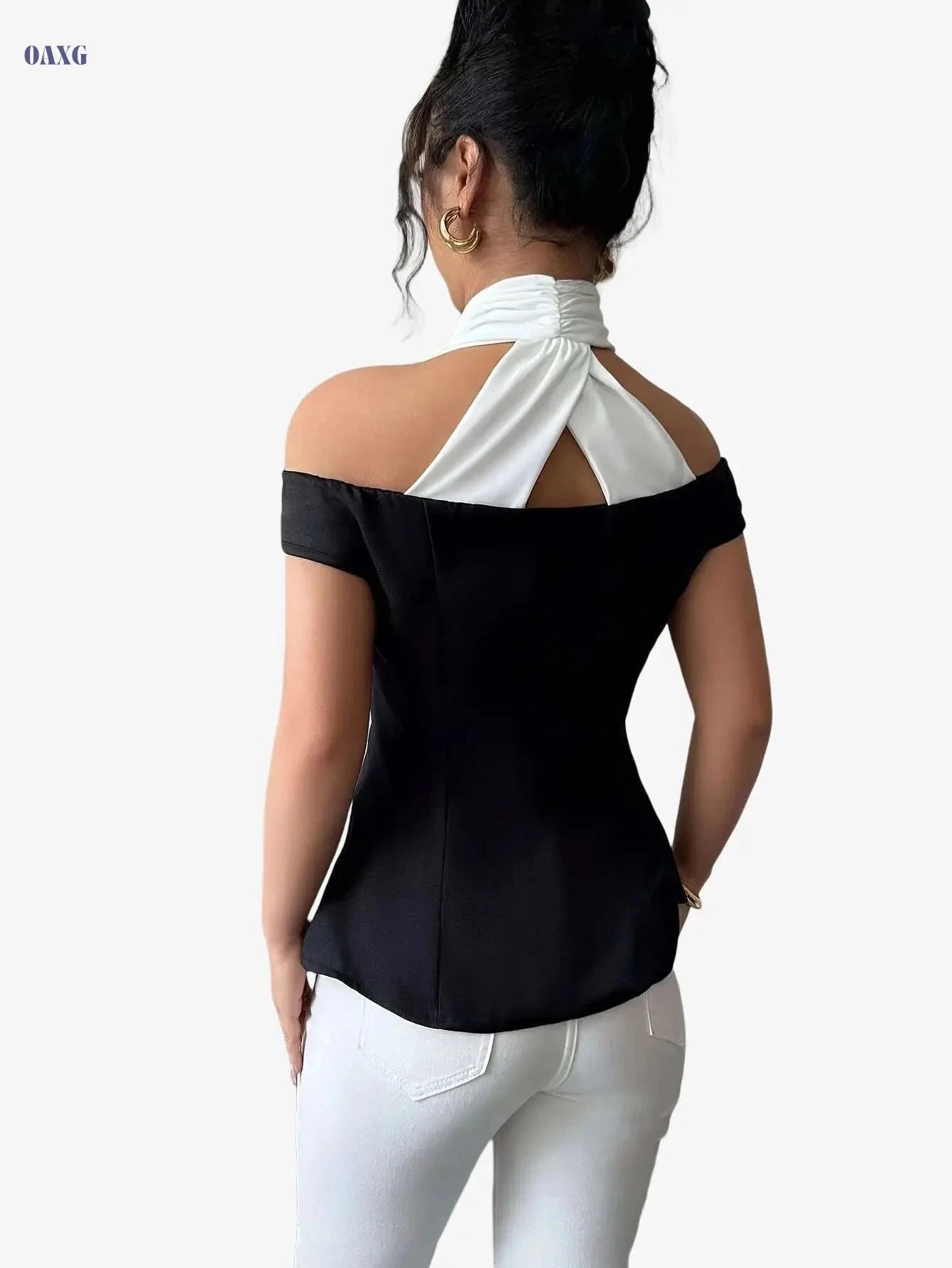 Women's Elegant Off-Shoulder Blouse - Chic Black and White Top   OAXG Black / S
