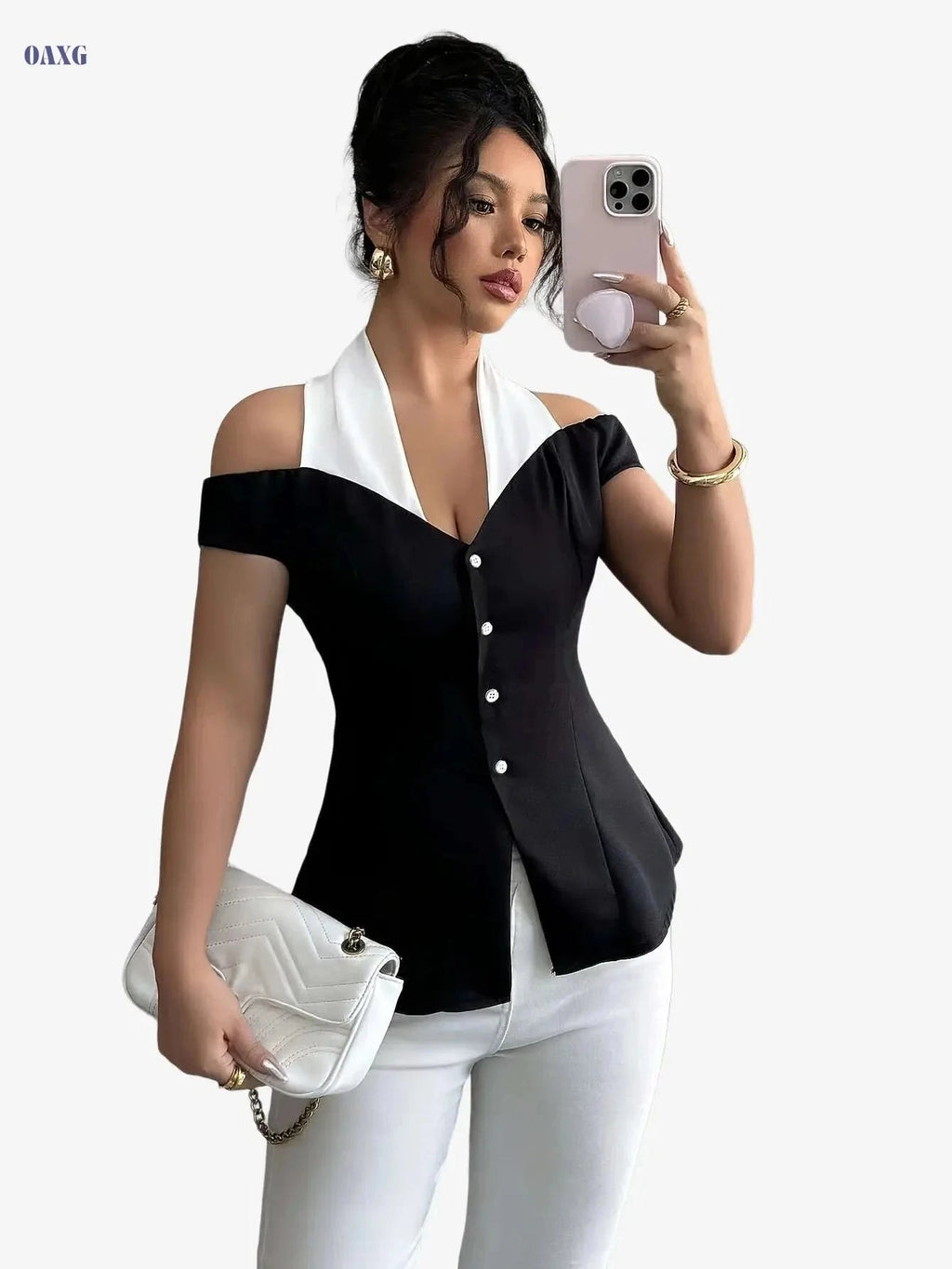 Women's Elegant Off-Shoulder Blouse - Chic Black and White Top   OAXG 
