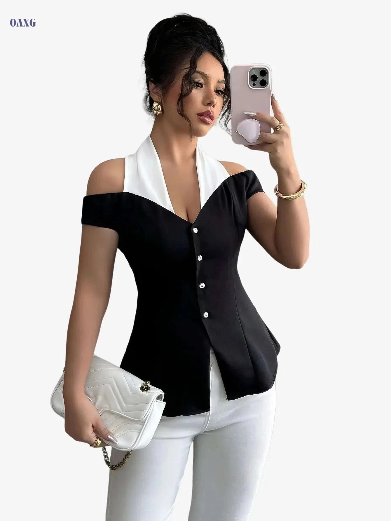 Women's Elegant Off-Shoulder Blouse - Chic Black and White Top   OAXG 