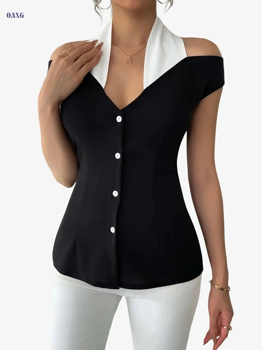 Women's Elegant Off-Shoulder Blouse - Chic Black and White Top   OAXG 
