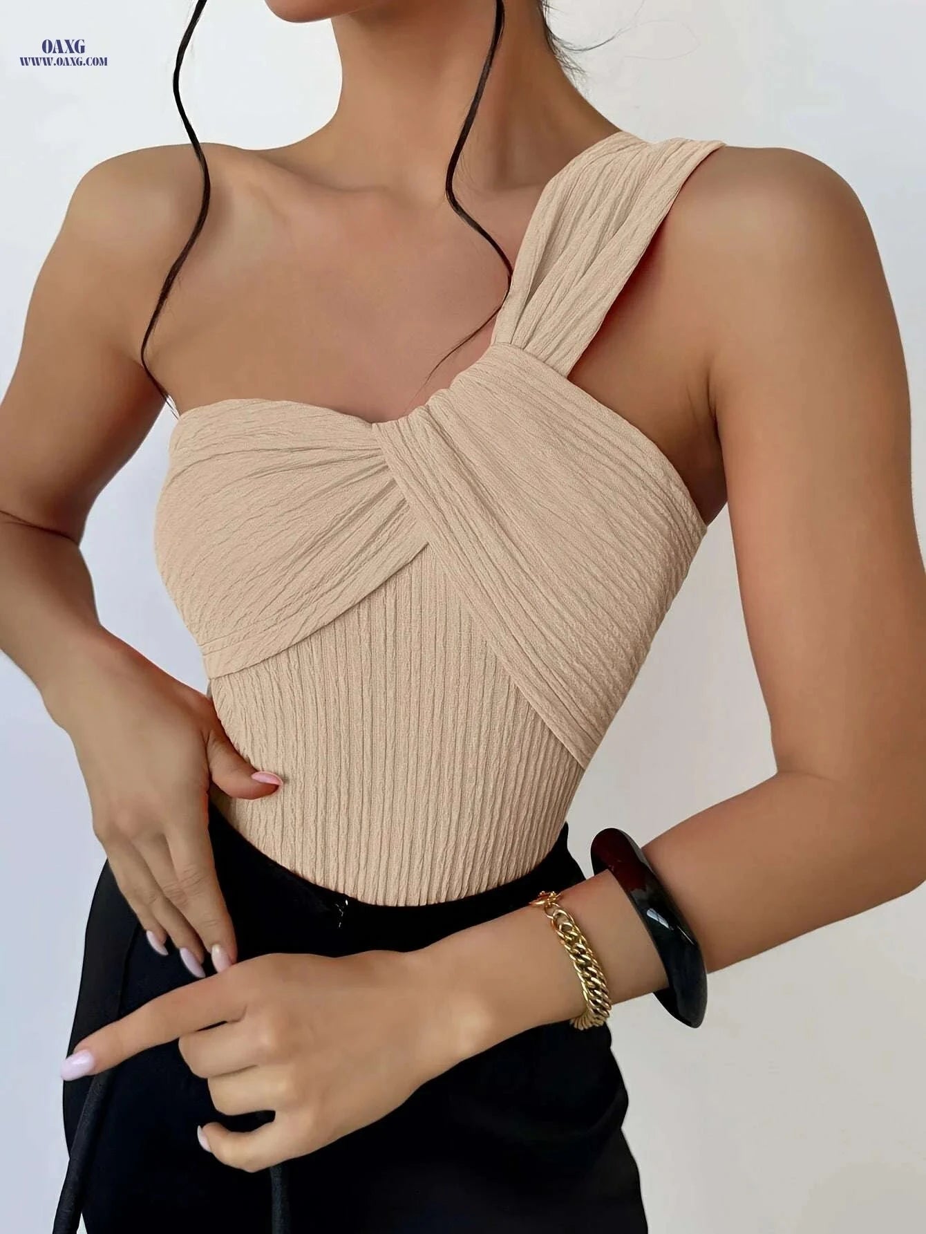 Women's Elegant One Shoulder Top - Slim Fit, Machine Washable Casual Wear   OAXG Olive Green / XS