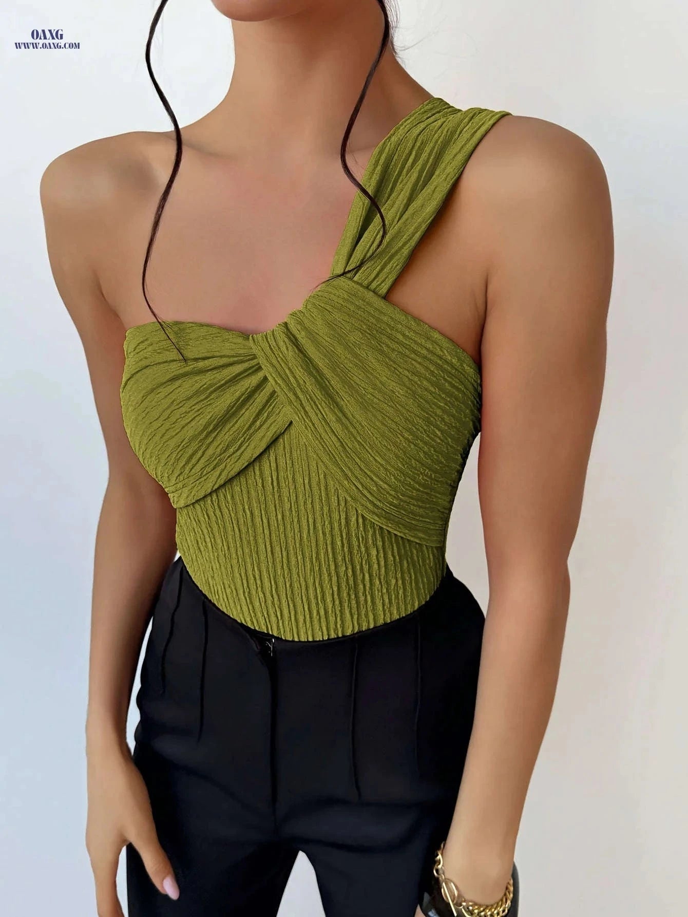 Women's Elegant One Shoulder Twist Knot Top - Slim Fit, All-Season   OAXG 