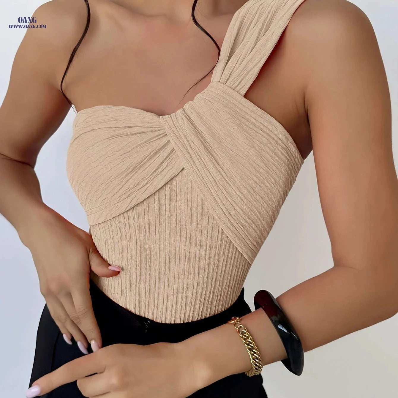 Women's Elegant One Shoulder Twist Knot Top - Slim Fit, All-Season   OAXG 