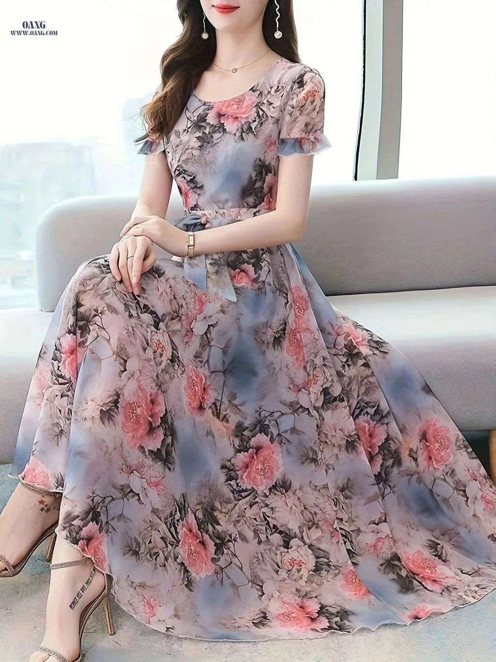 Women's Elegant Peony Print Chiffon Dress - Lightweight & Breathable   OAXG Coral / S