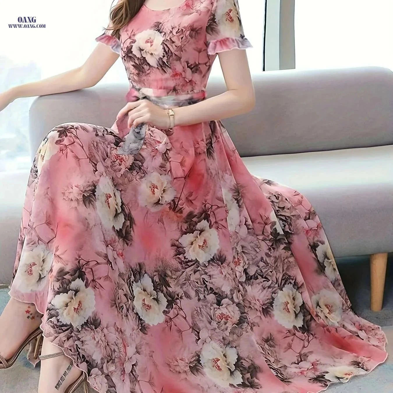 Women's Elegant Peony Print Chiffon Dress - Lightweight & Breathable   OAXG Coral / S