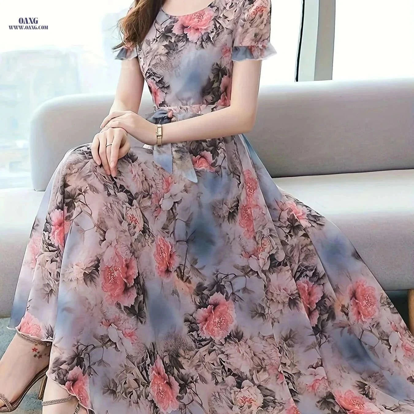 Women's Elegant Peony Print Chiffon Dress - Lightweight & Breathable   OAXG Coral / S