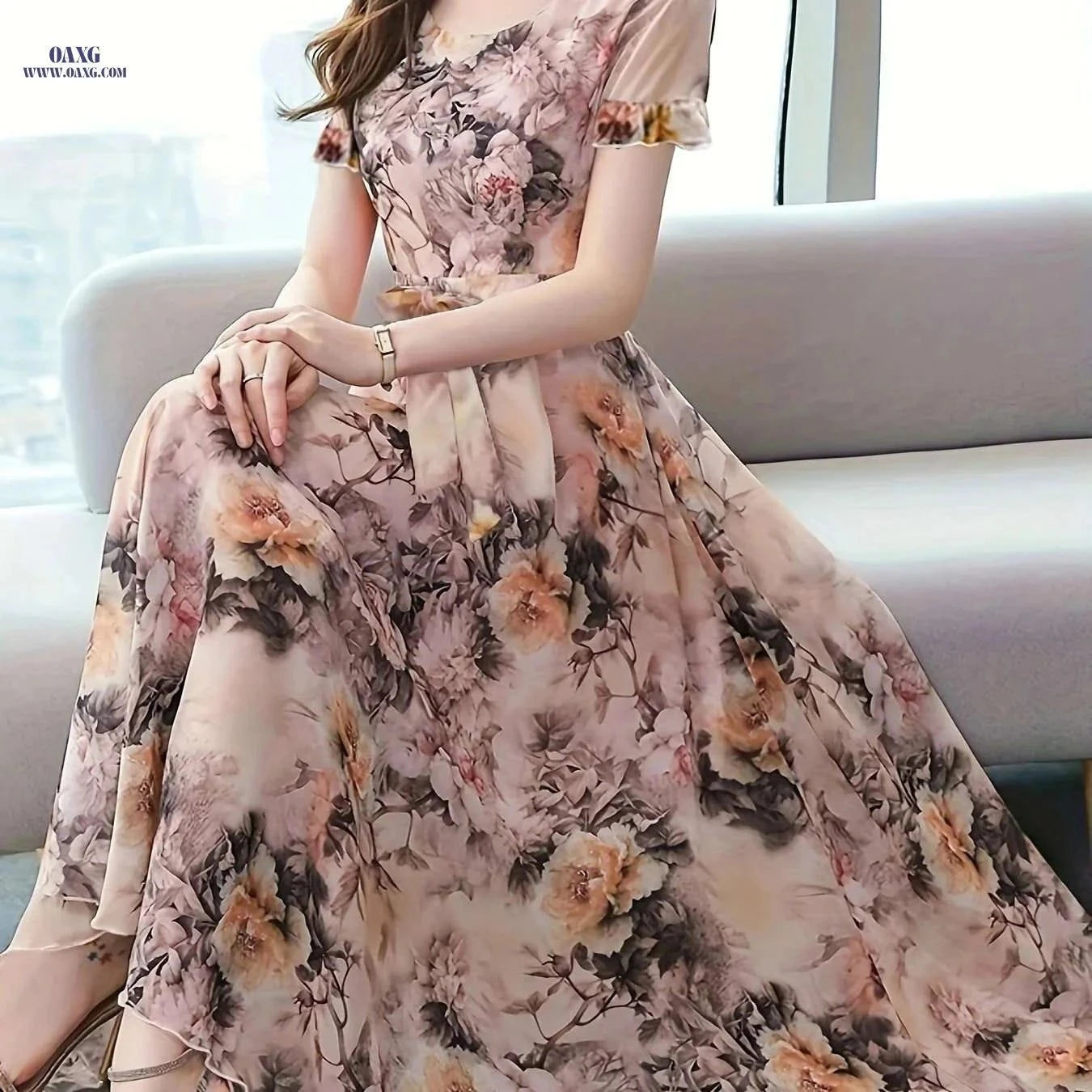 Women's Elegant Peony Print Chiffon Dress - Lightweight & Breathable   OAXG Coral / S