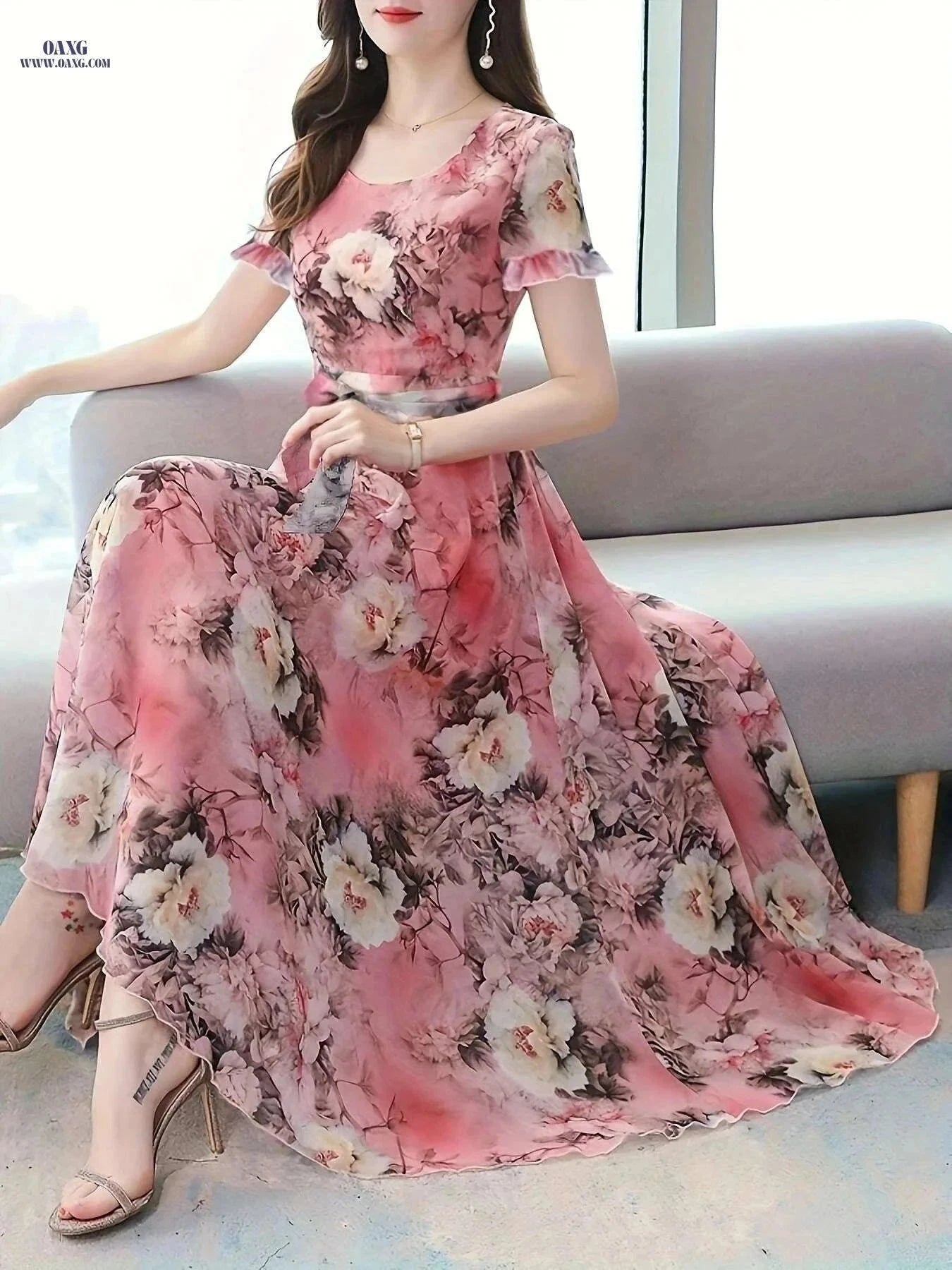 Women's Elegant Peony Print Chiffon Dress - Lightweight & Breathable   OAXG Coral / S