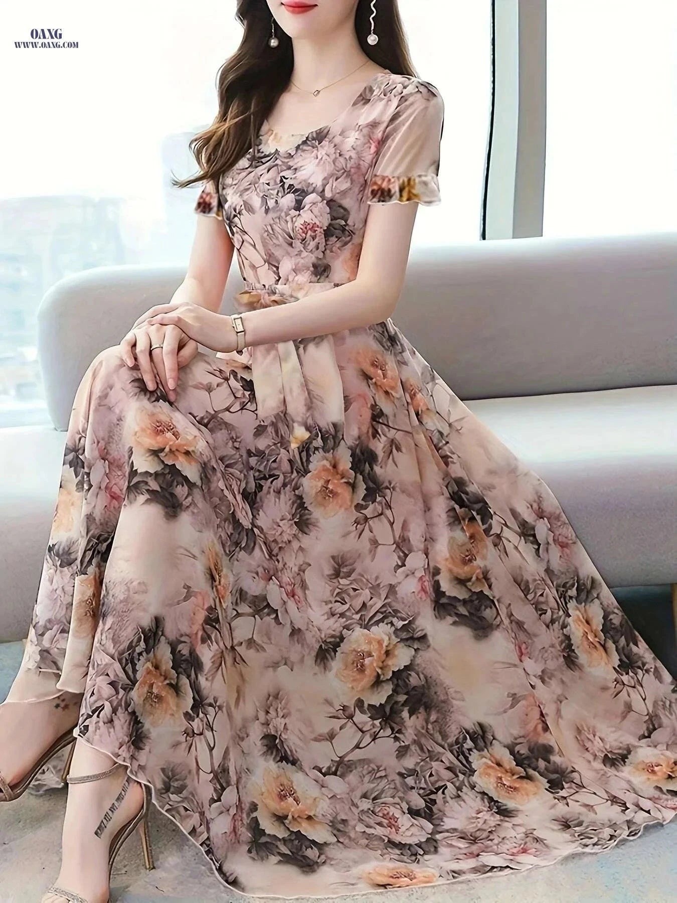Women's Elegant Peony Print Chiffon Dress - Lightweight & Breathable   OAXG Coral / S