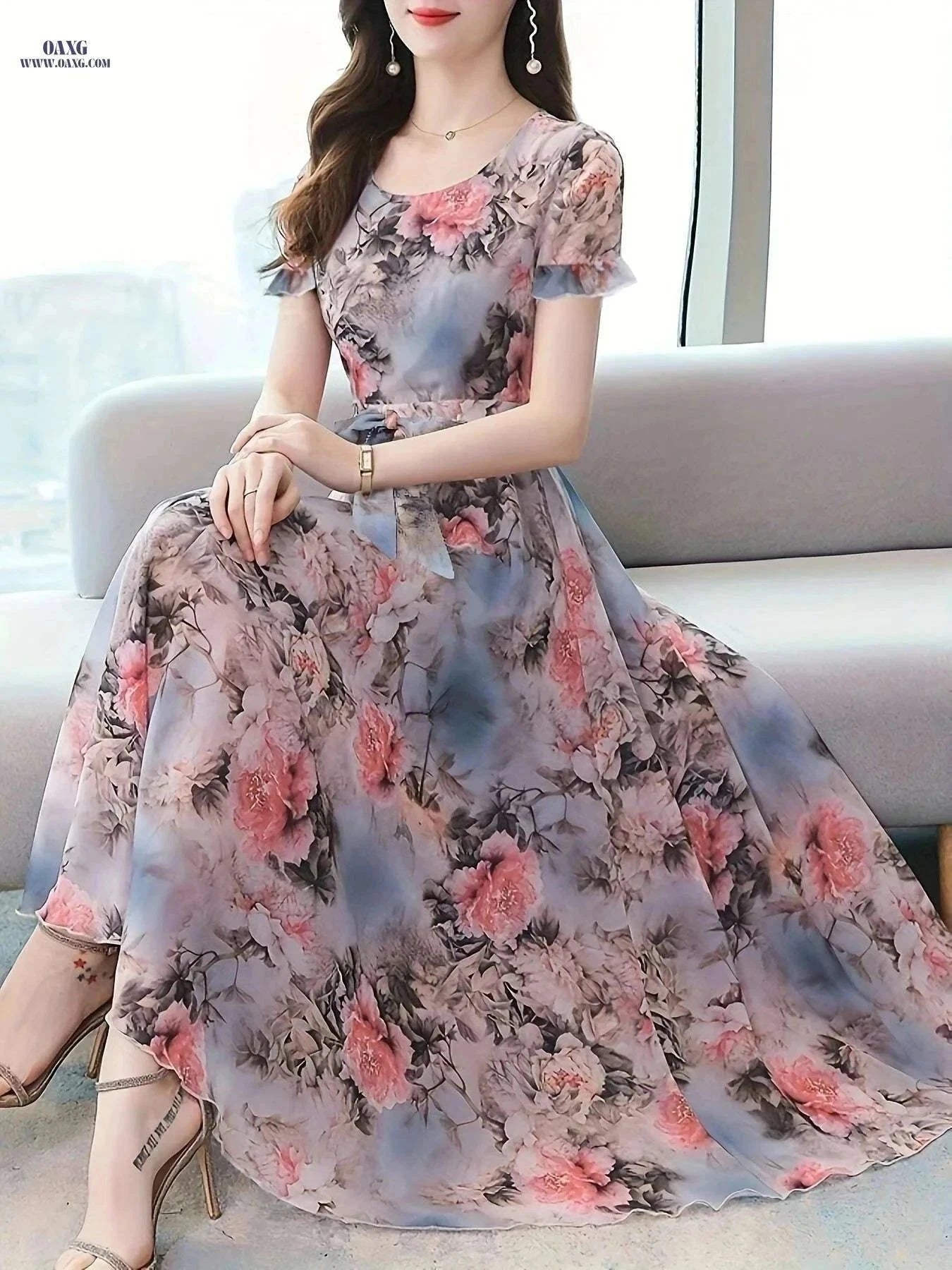 Women's Elegant Peony Print Chiffon Dress - Lightweight & Breathable   OAXG Coral / S
