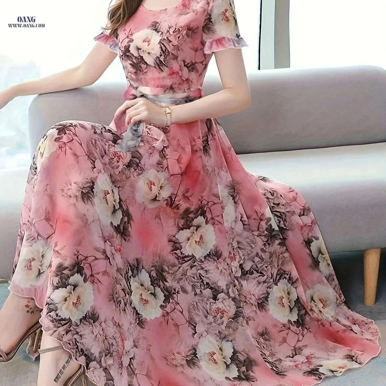 Women's Elegant Peony Print Chiffon Dress - Lightweight & Breathable   OAXG Coral / S