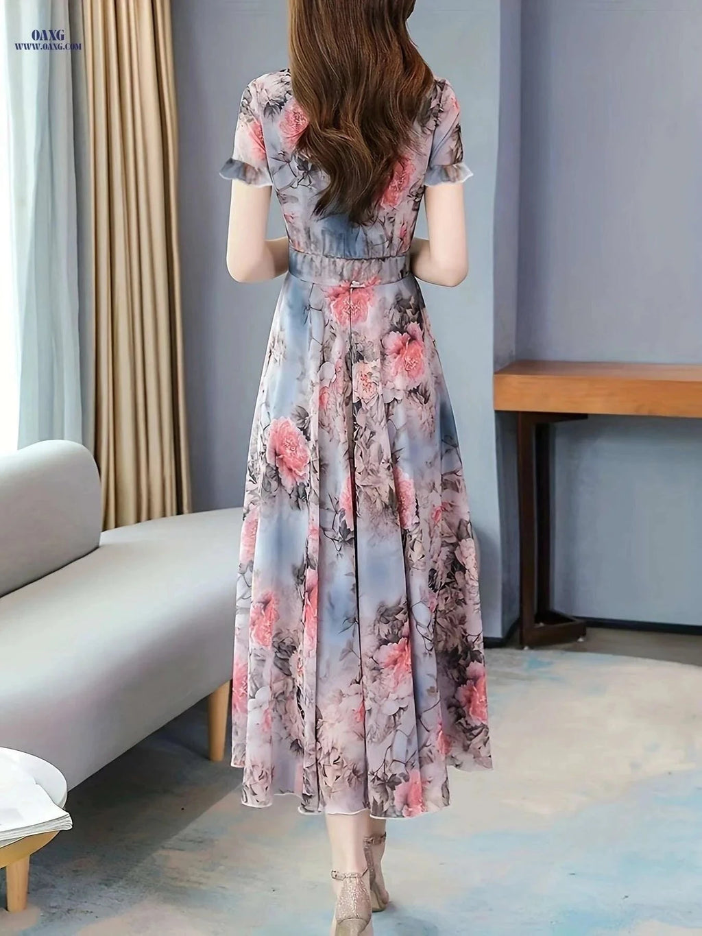 Women's Elegant Peony Print Chiffon Dress - Lightweight & Breathable   OAXG Coral / S