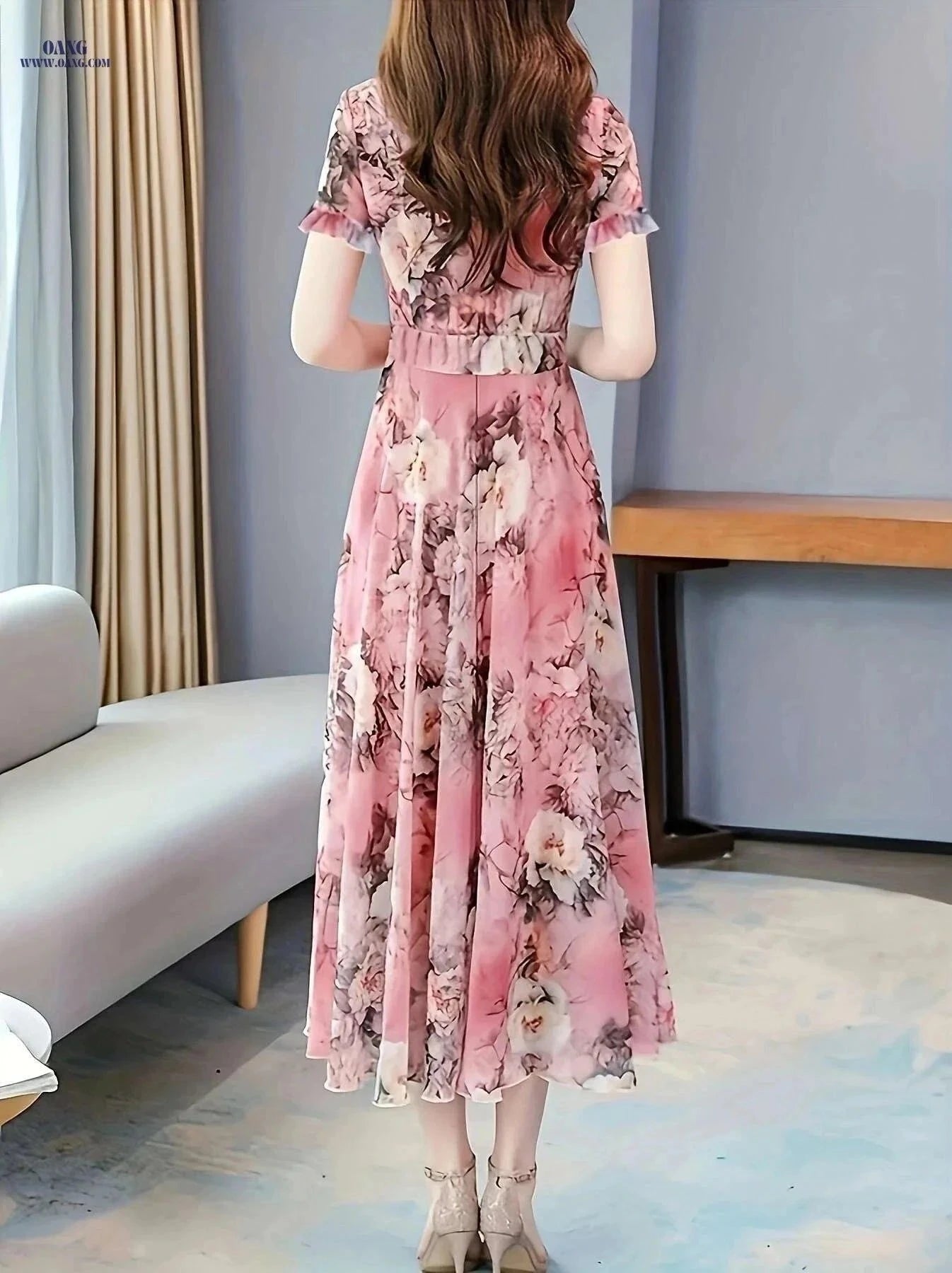 Women's Elegant Peony Print Chiffon Dress - Lightweight & Breathable   OAXG Coral / S