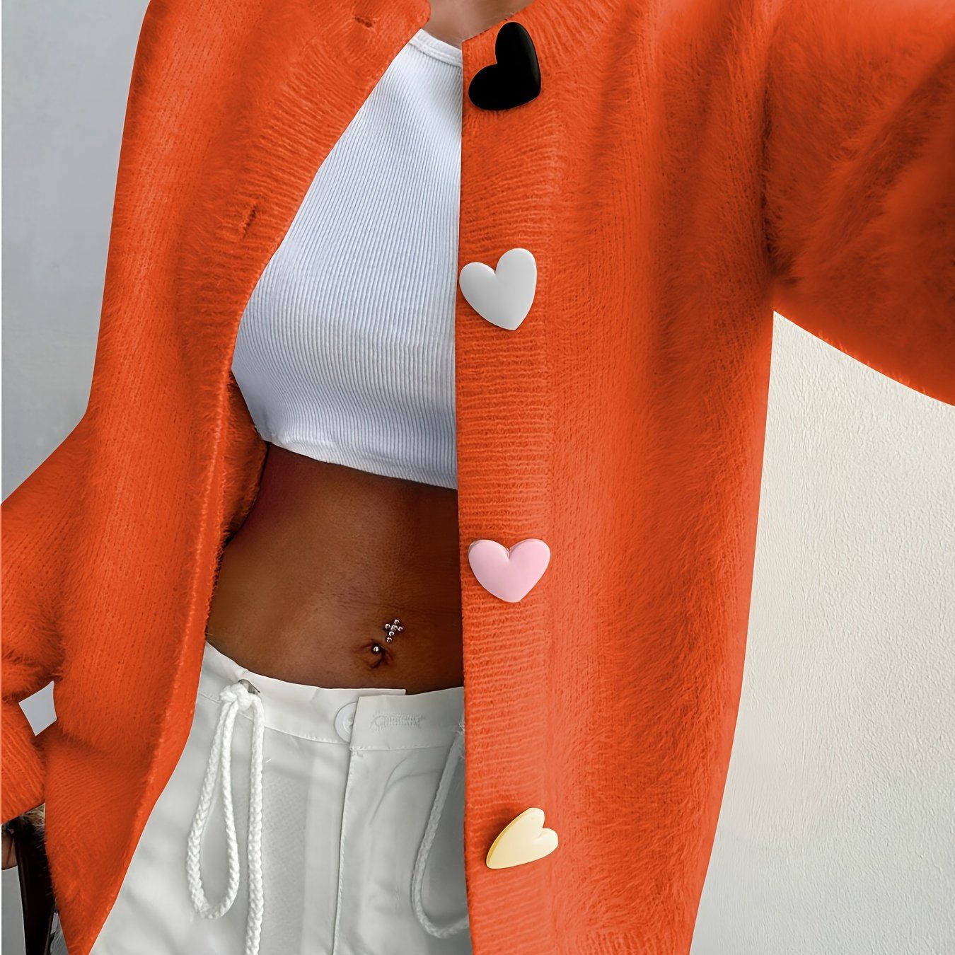 Women's Elegant Plush Cardigan with Colorful Heart Buttons - All-Season Machine Washable Open Front Sweater, Regular Fit Long Sleeve for Casual & Formal Wear, Cardigan Sweater, Buttoned Front   OAXG Bright Yellow / S