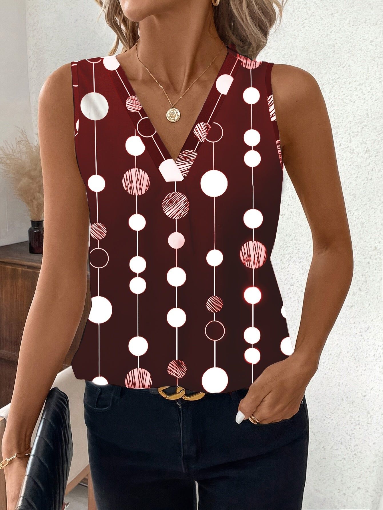 Women'S Elegant Printed Blouse, Casual Polka Dot And Line Pattern V-Neck Sleeveless Shirt, Suitable for Summer   OAXG Burgundy / S