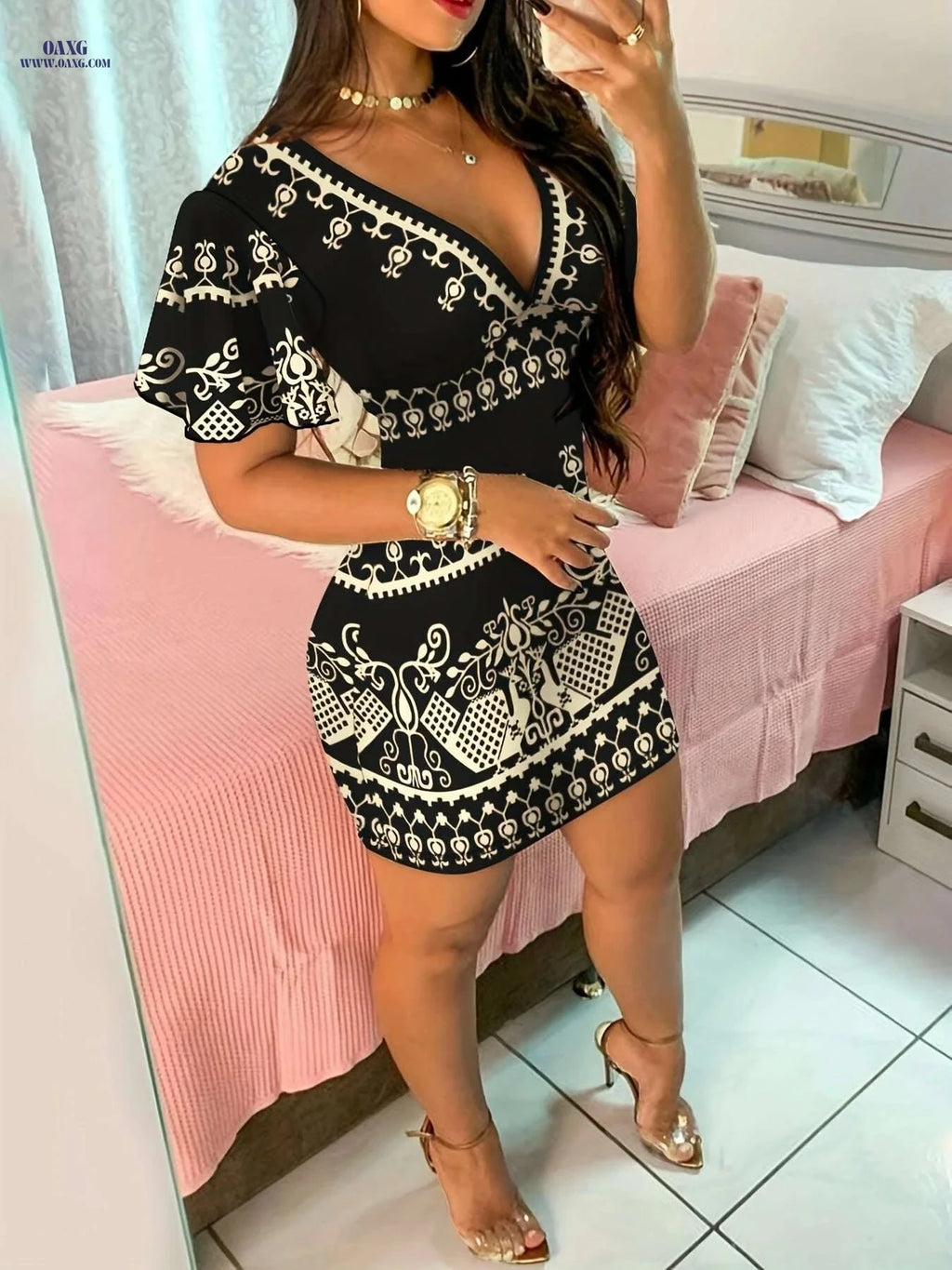 Women's Elegant Printed Bodycon Dress - Summer V-Neck Style   OAXG Multicolor / S