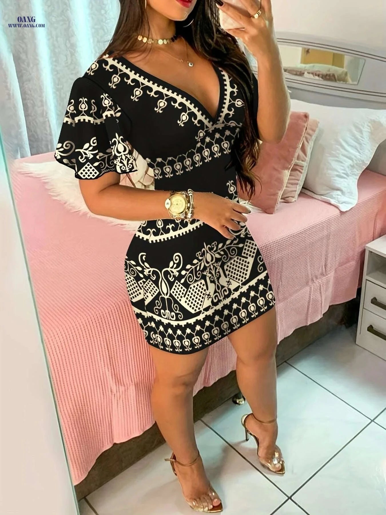 Women's Elegant Printed Bodycon Dress - Summer V-Neck Style   OAXG Multicolor / S