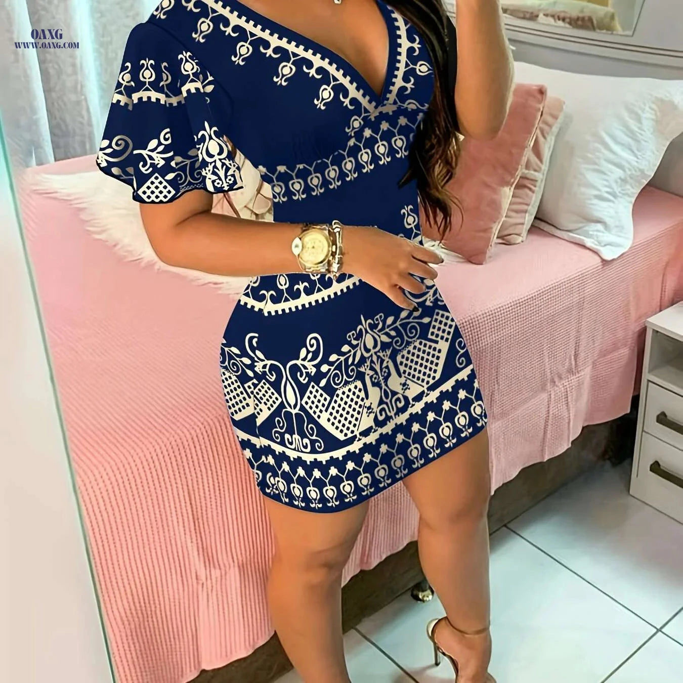 Women's Elegant Printed Bodycon Dress - Summer V-Neck Style   OAXG Multicolor / S