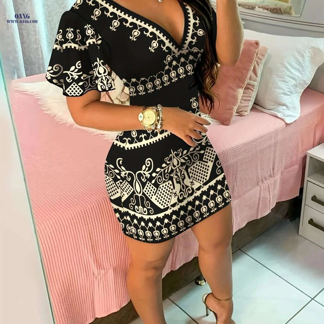 Women's Elegant Printed Bodycon Dress - Summer V-Neck Style   OAXG 