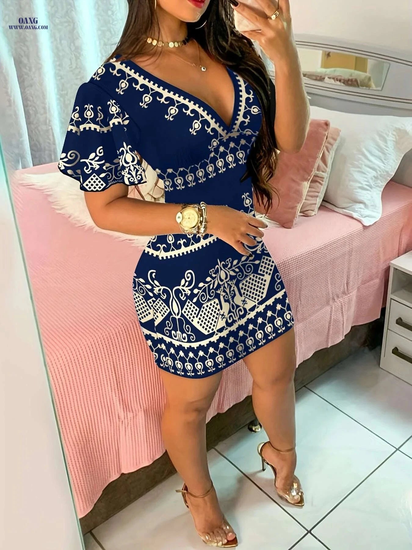 Women's Elegant Printed Bodycon Dress - Summer V-Neck Style   OAXG 