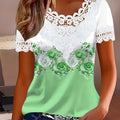 Women's Elegant Printed Lace-Trimmed Round Neck T-Shirt - Lightweight, Breathable Short-Sleeve Casual Top, Stylish and Comfortable for Spring, Summer, and Fall, Machine Washable, Floral Pattern Shirt   OAXG Light Green / S