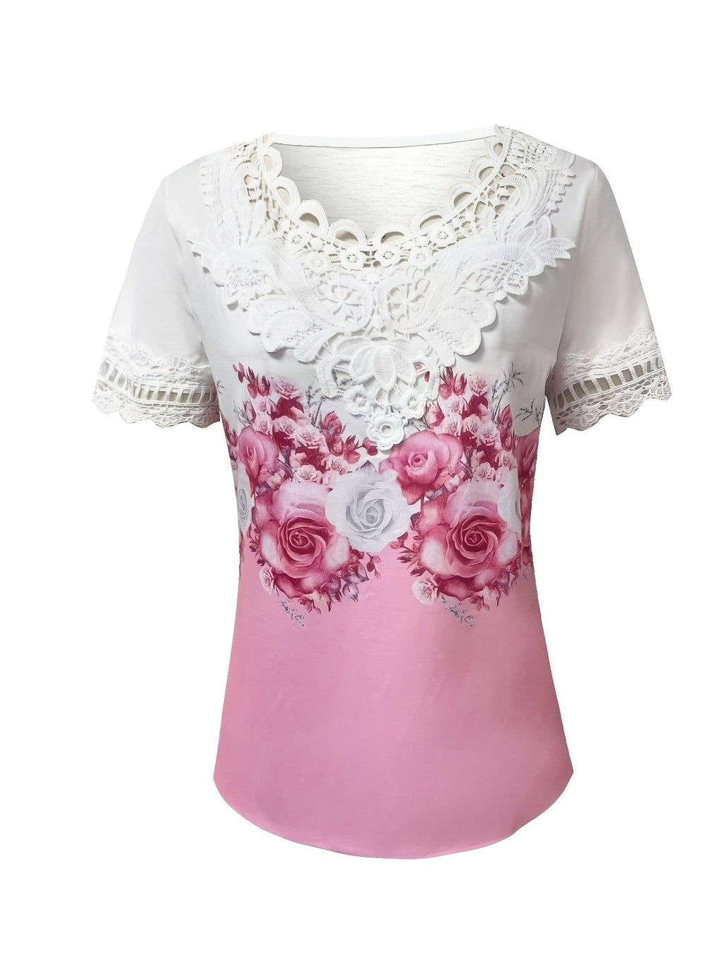 Women's Elegant Printed Lace-Trimmed Round Neck T-Shirt - Lightweight, Breathable Short-Sleeve Casual Top, Stylish and Comfortable for Spring, Summer, and Fall, Machine Washable, Floral Pattern Shirt   OAXG Light Green / S