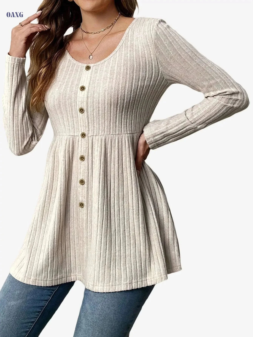Women's Elegant Ribbed Long Sleeve T-Shirt - Waist Tie Detail, All-Season   OAXG 