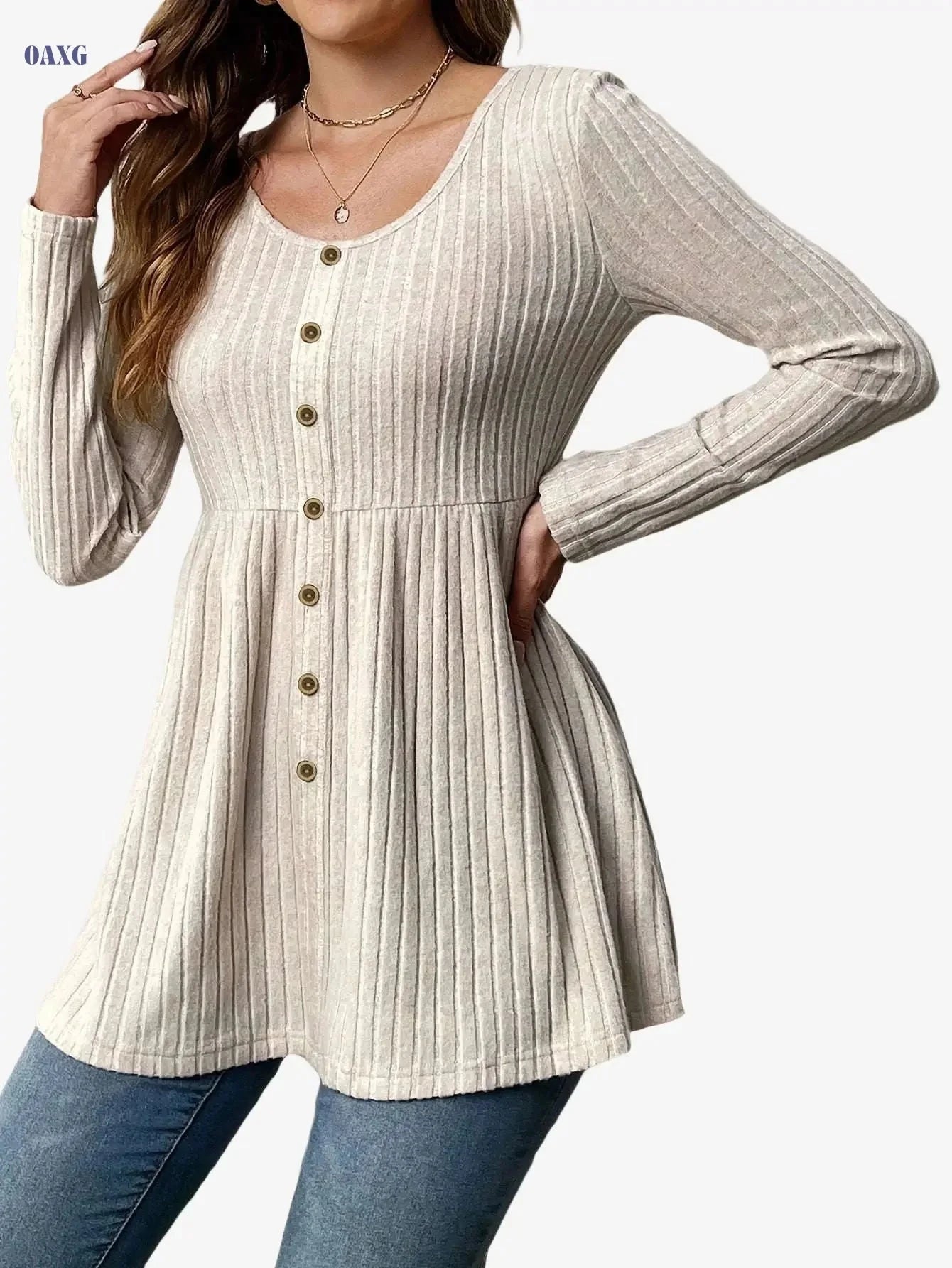 Women's Elegant Ribbed Long Sleeve T-Shirt - Waist Tie Detail, All-Season   OAXG 