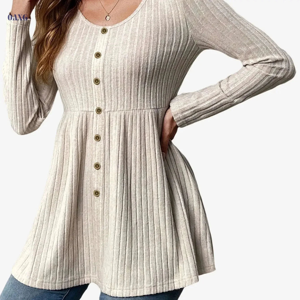 Women's Elegant Ribbed Long Sleeve T-Shirt - Waist Tie Detail, All-Season   OAXG 