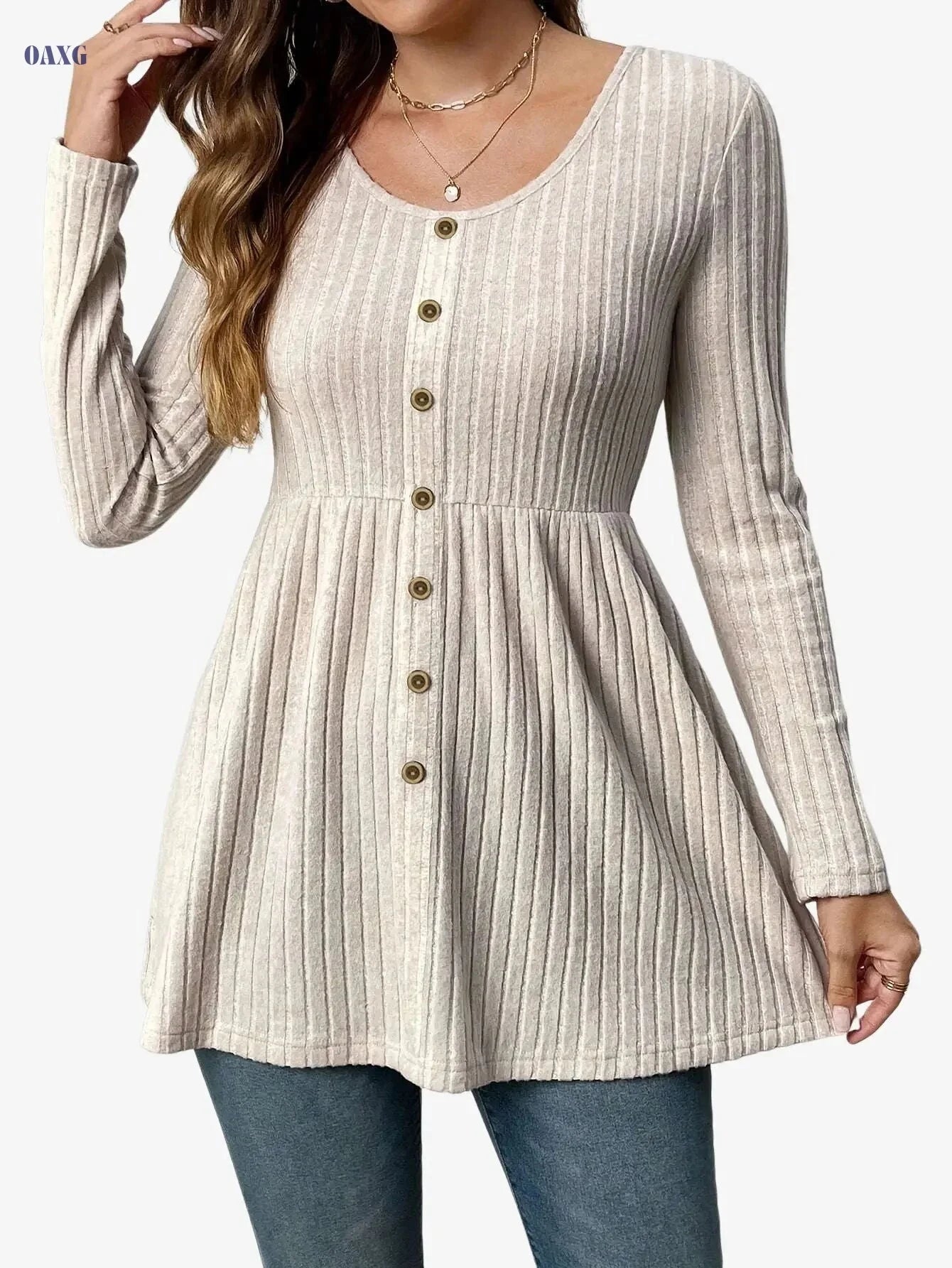 Women's Elegant Ribbed Long Sleeve T-Shirt - Waist Tie Detail, All-Season   OAXG Apricot / S