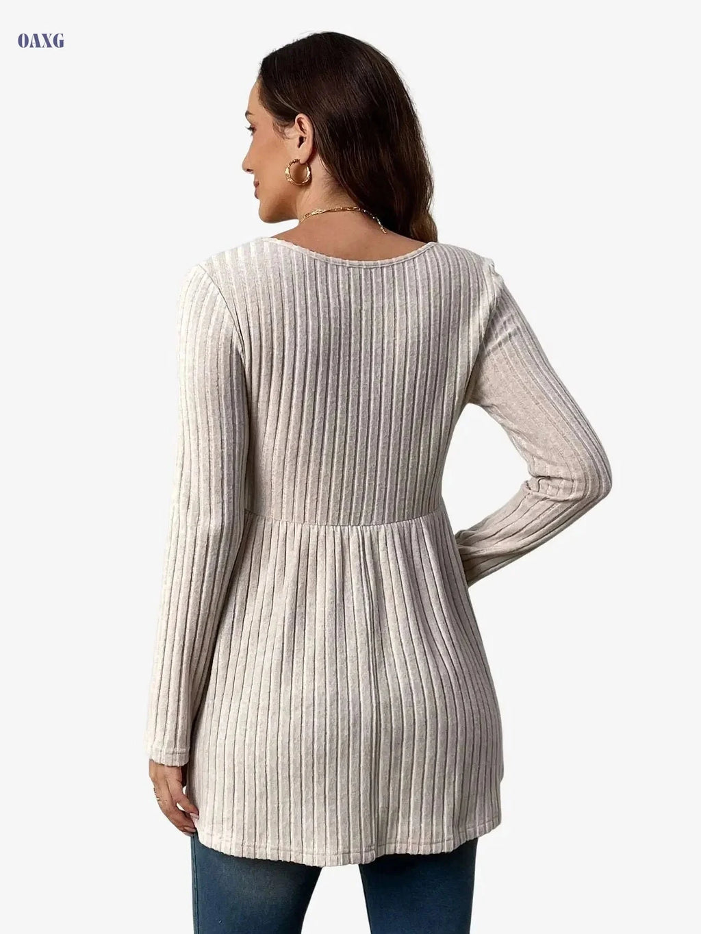 Women's Elegant Ribbed Long Sleeve T-Shirt - Waist Tie Detail, All-Season   OAXG Apricot / S