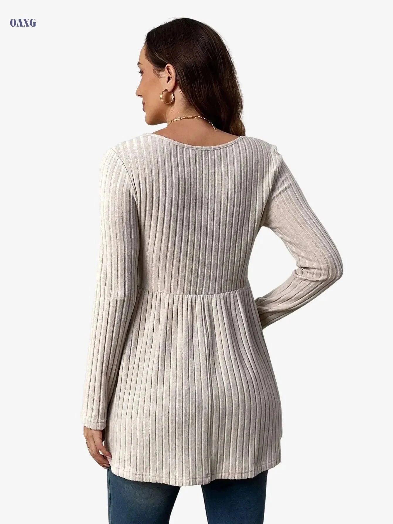 Women's Elegant Ribbed Long Sleeve T-Shirt - Waist Tie Detail, All-Season   OAXG Apricot / S