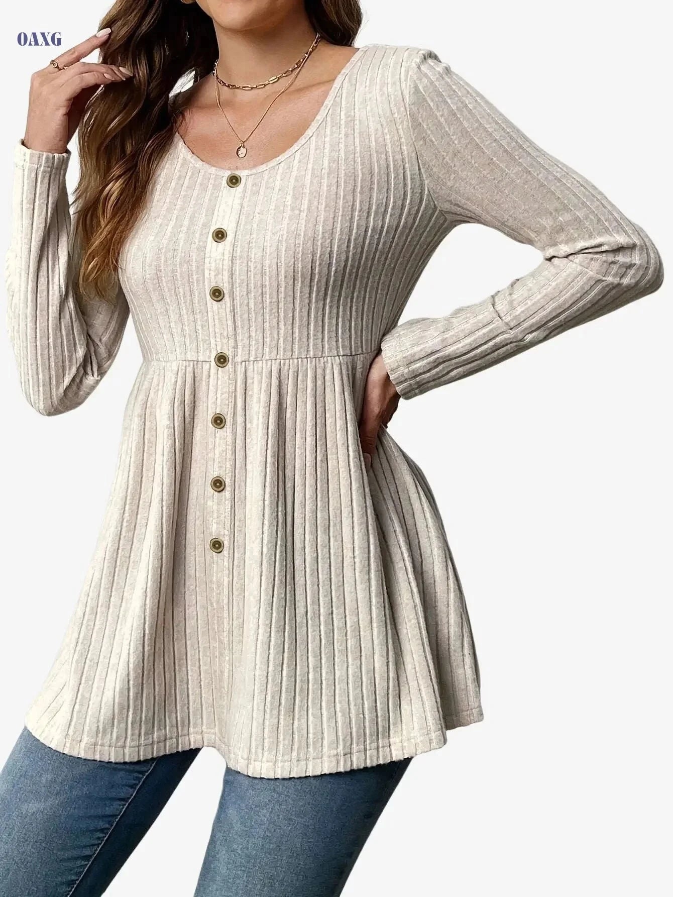 Women's Elegant Ribbed Long Sleeve T-Shirt - Waist Tie Detail, All-Season   OAXG 
