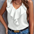 Women's Elegant Ruffled V-Neck Blouse - Versatile Solid Color Top   OAXG White / S