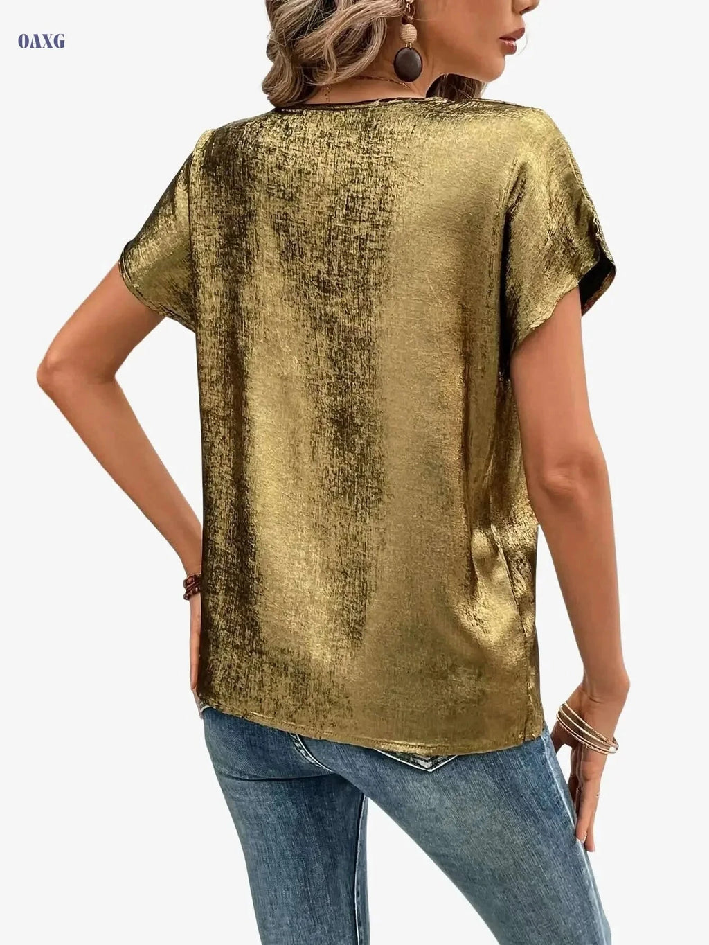 Women's Elegant Satin-Finish Golden Shirt - Loose-Fit Summer Top   OAXG 