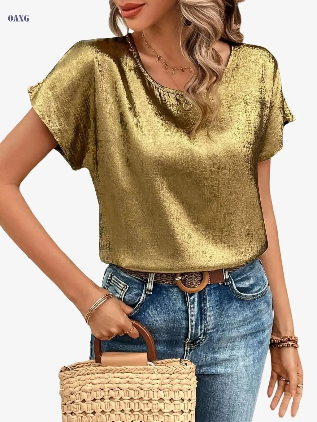 Women's Elegant Satin-Finish Golden Shirt - Loose-Fit Summer Top   OAXG Golden / S