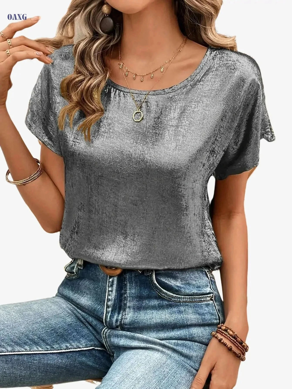 Women's Elegant Satin-Finish Golden Shirt - Loose-Fit Summer Top   OAXG 