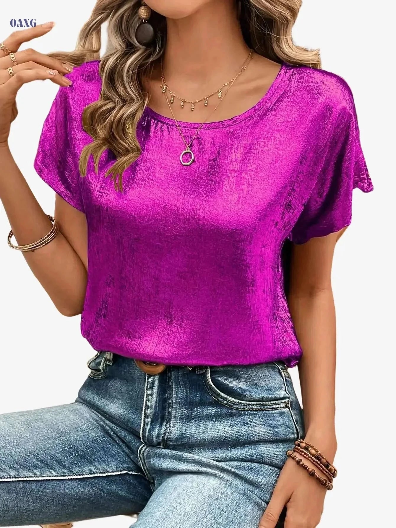 Women's Elegant Satin-Finish Golden Shirt - Loose-Fit Summer Top   OAXG 