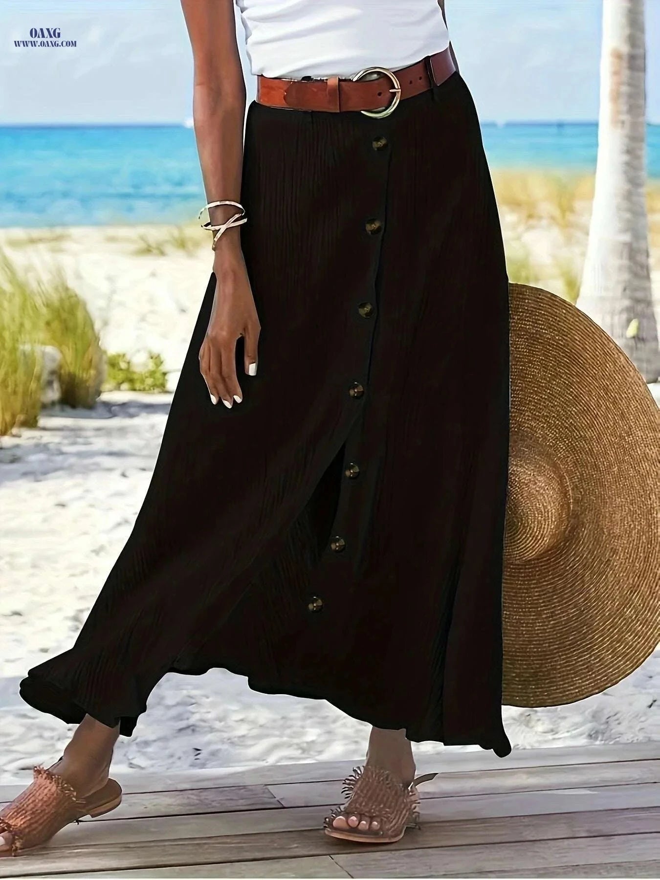 Women's Elegant Semi-Sheer Midi Skirt - Stretchy A-Line Style   OAXG Navy Blue / S
