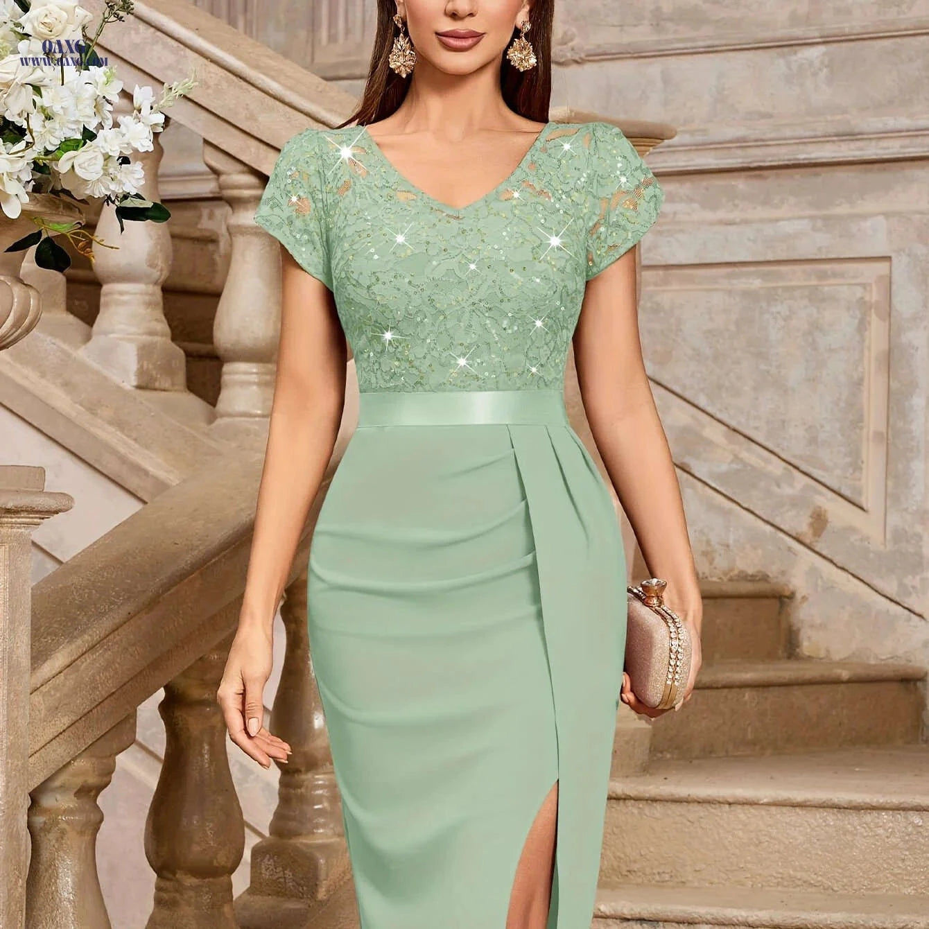 Women's Elegant Sequin Lace Party Dress - V-Neck, Petal Sleeves   OAXG Cinnamon / S