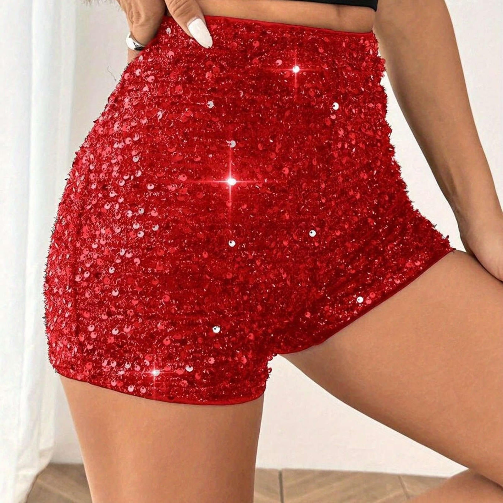 Women's Elegant Sequined Fitted Shorts - Versatile for Casual Wear   OAXG Black / S