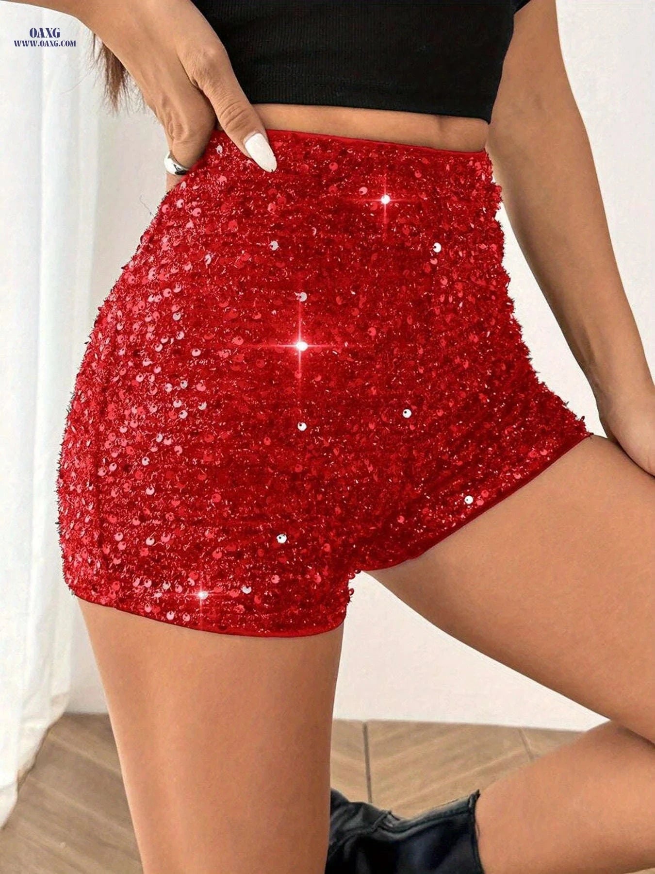 Women's Elegant Sequined Fitted Shorts - Versatile for Casual Wear   OAXG 