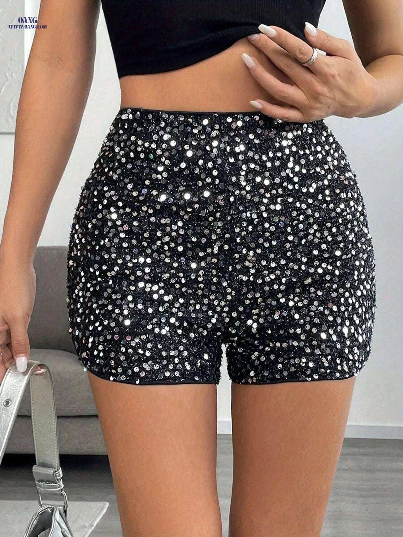 Women's Elegant Sequined Fitted Shorts - Versatile for Casual Wear   OAXG 