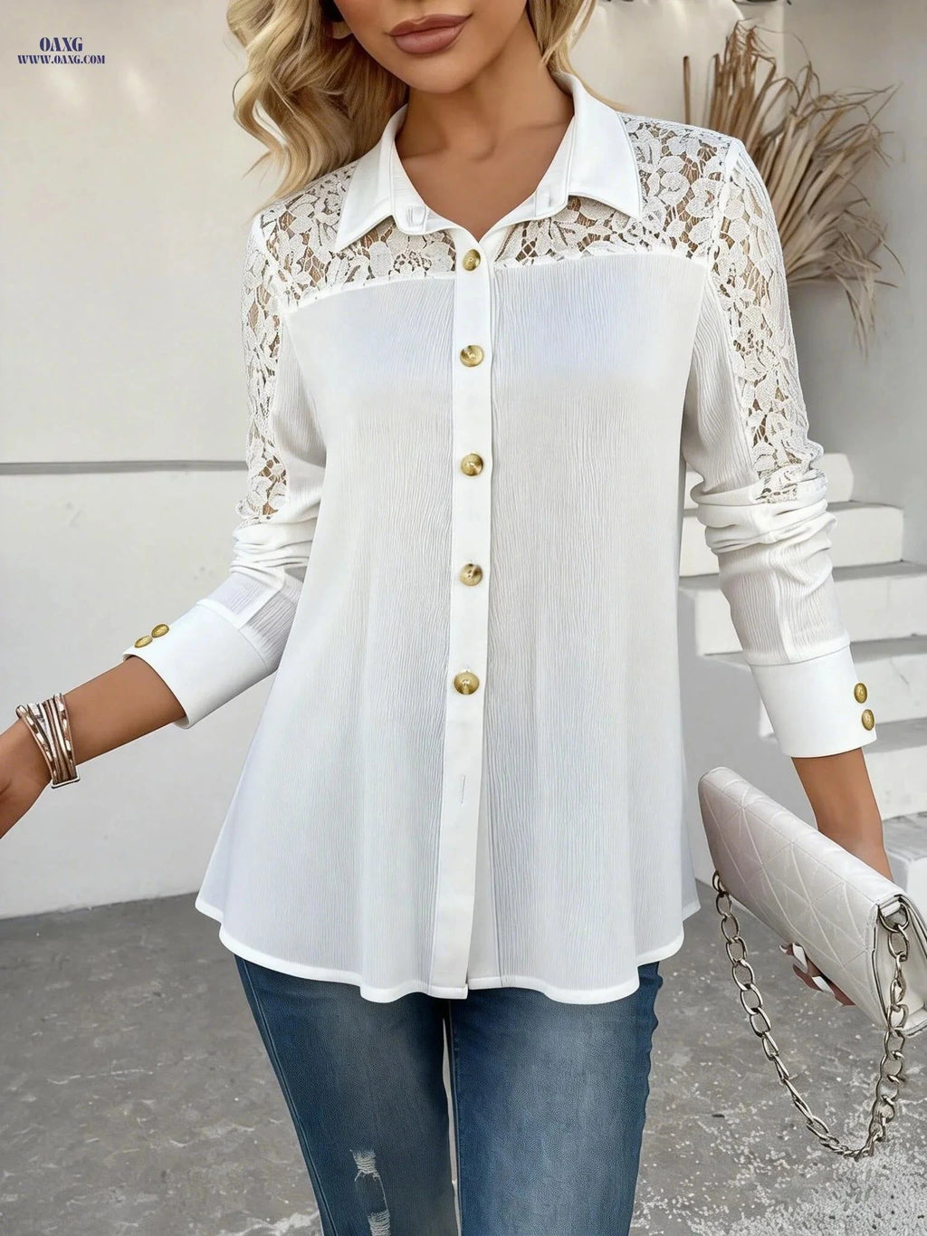 Women's Elegant Sheer Lace Long Sleeve Open Front Top - Casual Style   OAXG White / S